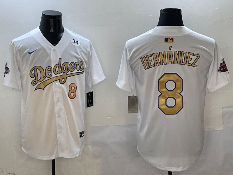 Men Los Angeles Dodgers #8 Hernandez White Champion gold character 2025 Nike MLB Jersey style 4->los angeles dodgers->MLB Jersey